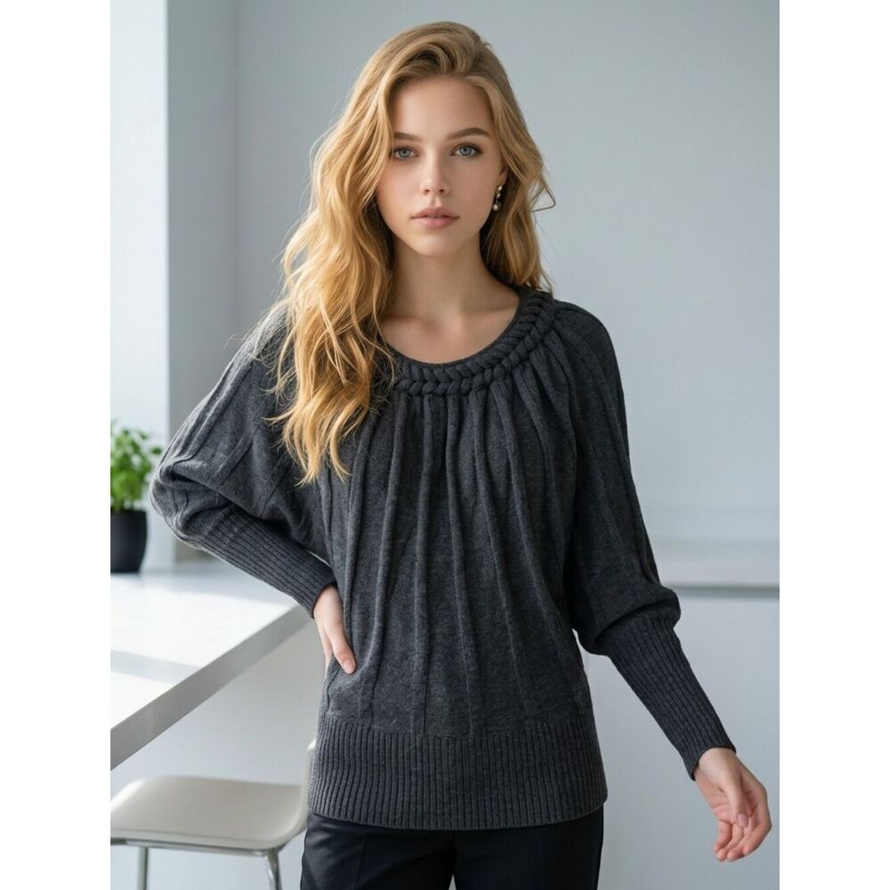 Love Stitch Cable Knit Sweater Braided Neck Puff Sleeves Charcoal Gray Ribbed